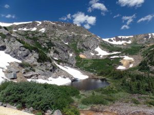 Upper end of Hall Valley includes lakes, snow, and mine tailings