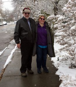 Jerry and Felicity walking to breakfast in the snow.