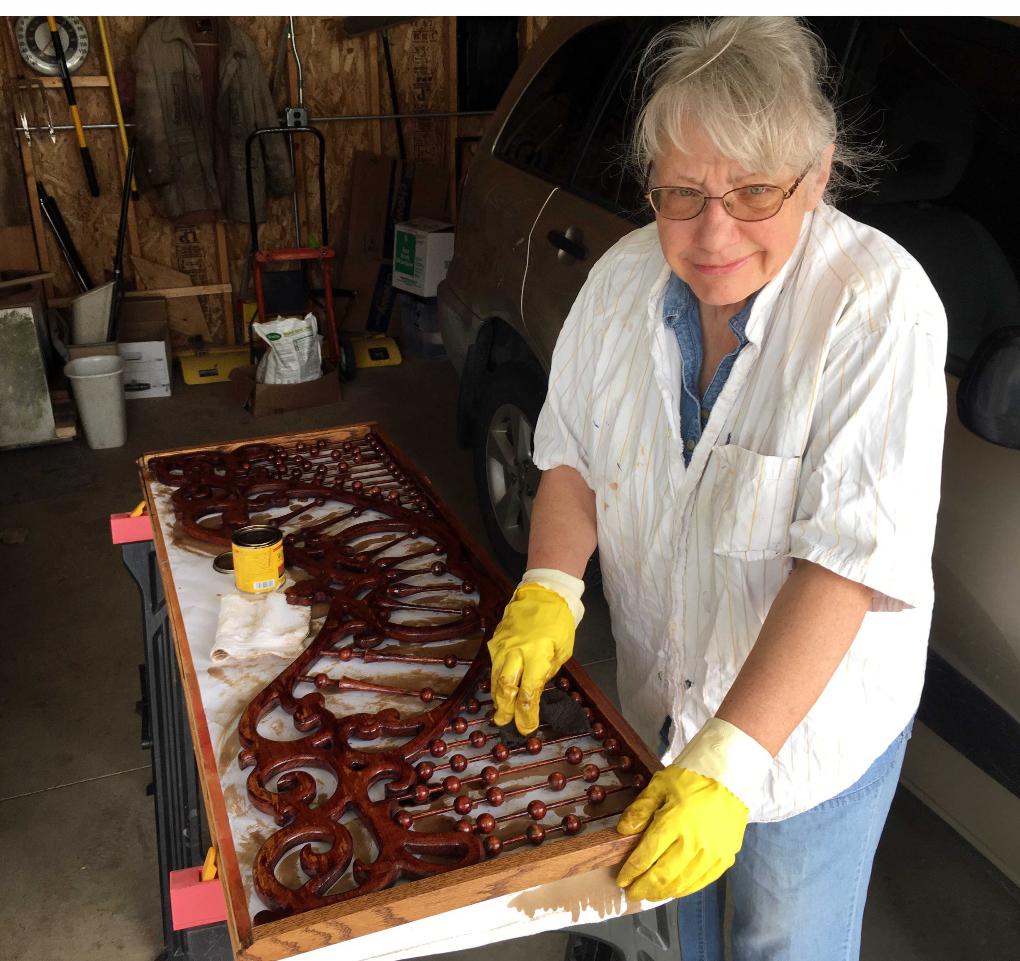 Pam refinishing fretwork, 2020 Pam refinishing fretwork, 2020